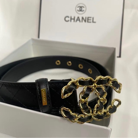 CHANEL Quilted Leather Belt CC Logo Gold Chain Buckle Black 85cm / 34in - Picture 1 of 5